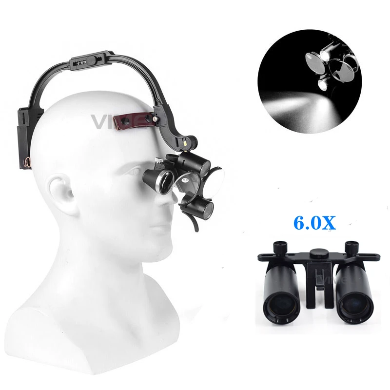 Medical Dental Binocular Loupes with Headlight 6.0X/2.5X/3.5X Binocular Surgical Loupes Magnifier