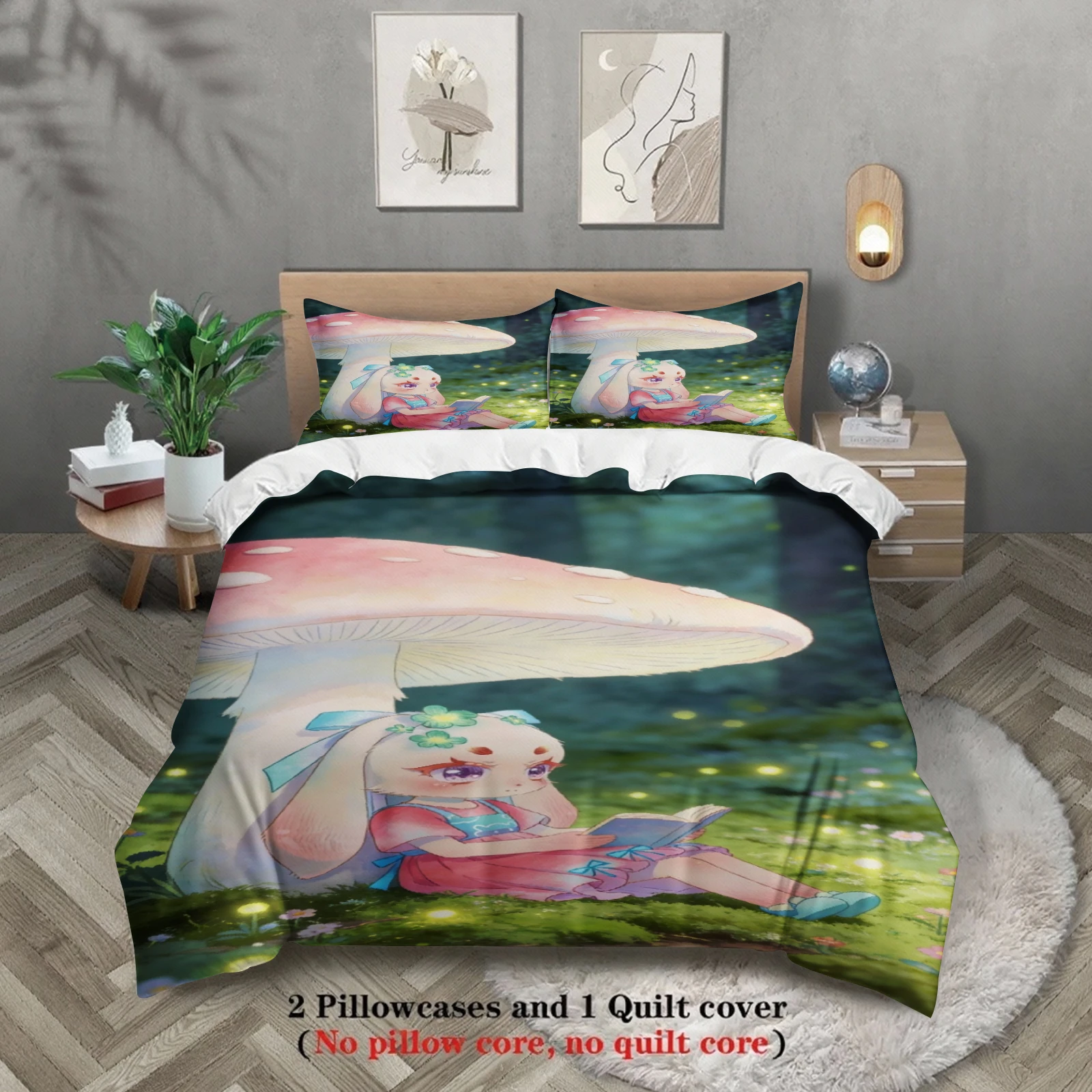 Softville Cozy Town 3PC Bedding Sets Lop Rabbit Reading Under Mushroom Pint Duvet Cover No filling Cartoon Style Queen King Size