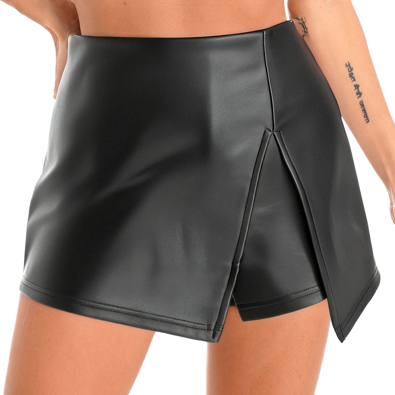 

Women Soft PU Leather Culottes High Waist Slit Skirted Lined Skrts Shorts Fashion Trousers for Club Party Pole Dance Casual Wear