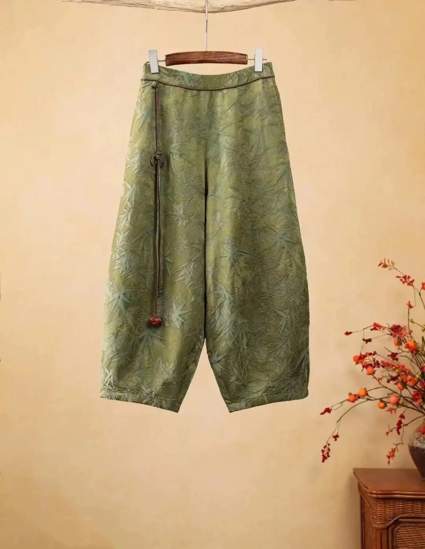 Winter jacquard thermal pants green / black rayon elastic waistband with fleece Boots pants embroidered cotton pants
