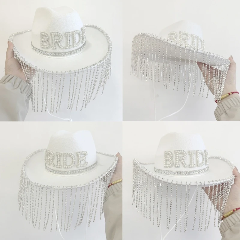 Cowgirl Hat with Shimmering Tassel for Bachelorette Party Ultra-flashing Rhinestones Western Cowgirl Hat for Bride