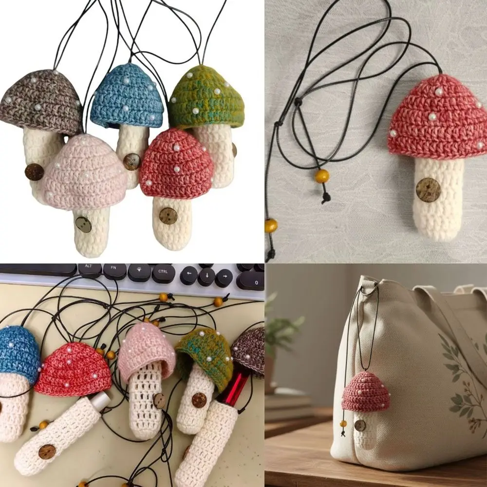 قابل للتعديل حامل أحمر الشفاه حقيبة قلادة الحياكة الفطر نمط الشفاه بلسم المفاتيح اليدوية حامل أحمر الشفاه الغطاء الواقي #4