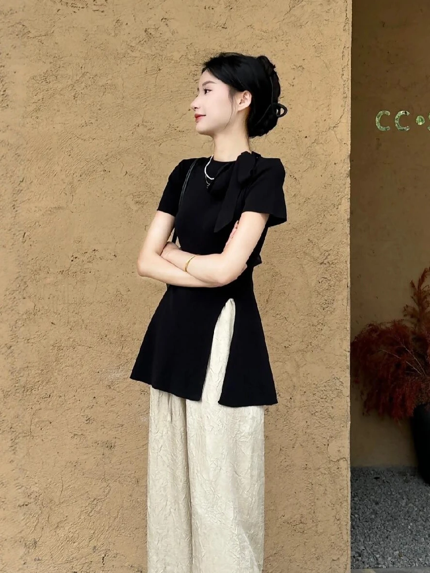 

Black Knot Knitted Short Sleeve T-Shirt Women's Summer Ice Silk Thin Waist in Korean Style Commute Soft Fine Gauge Knit Top