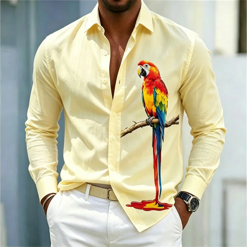 Hawaiian Men's Shirt Long Sleeve Creative Parrot Print Lapel Button Up Street Casual Business Top Mens Clothing