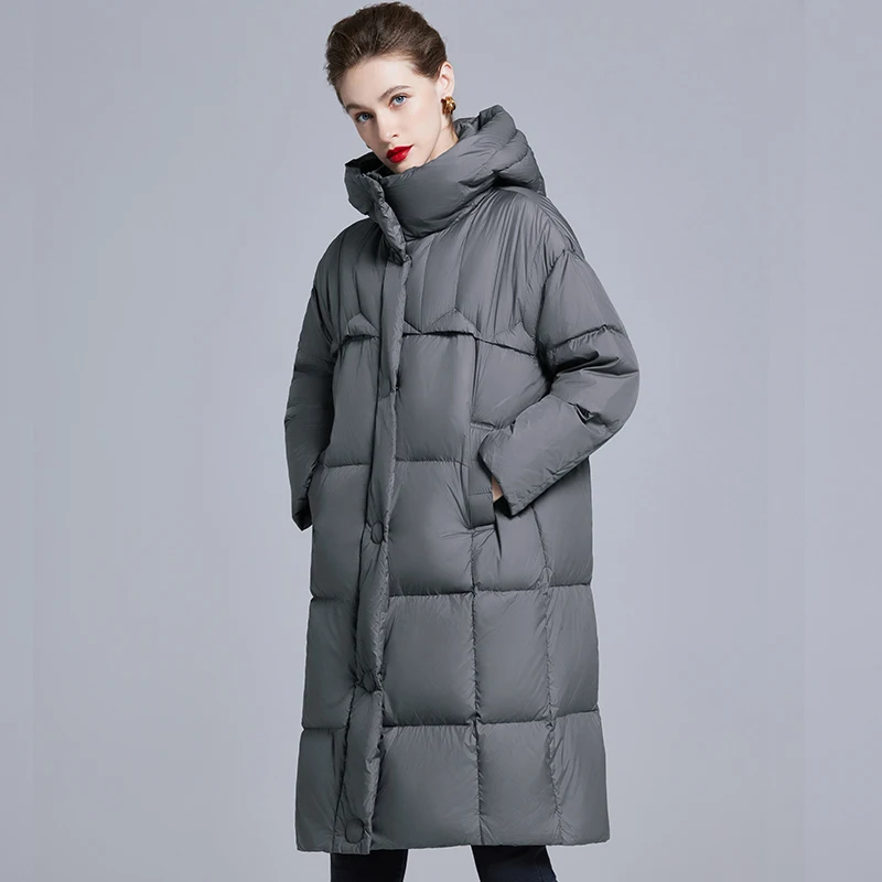 Piumino da donna con cappuccio extra lungo, giacca trapuntata imbottita in piuma grigia con tasche frontali Polsini regolabiliParka invernale oversize