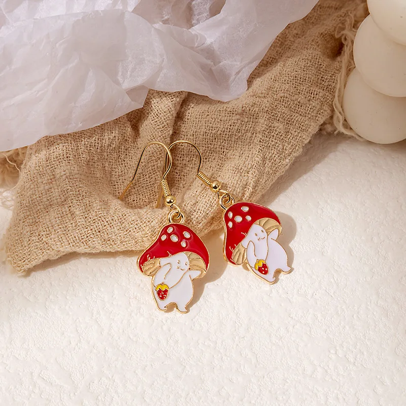 

Interesting Cartoon Asymmetrical Oil Drop Earrings for Women Girls Chic Panda Animal Fruit Earrings Cute Mushroom Leaf Earrings