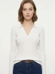 Cotton V Neck Polo Collar Sweater Women Knitted Polo Shirt