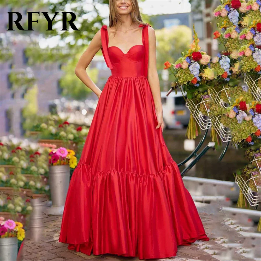 

RFYR Red Party Dresses A-Line Sweetheart Night Dress with Pleats Satin Bows Spaghetti Strap Celebrity Dresses vestidos de fiesta