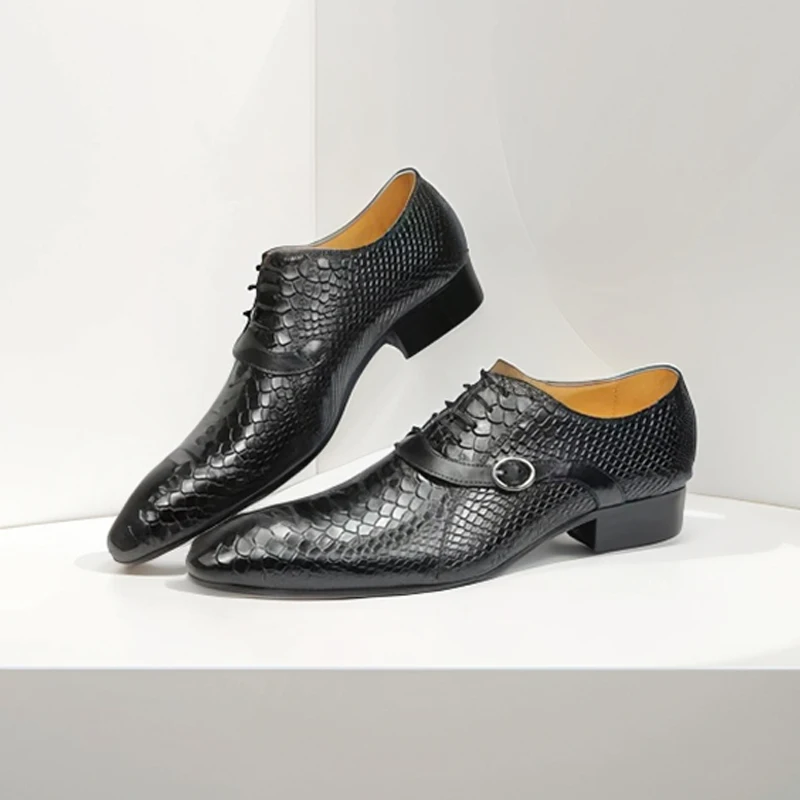 

Men's Cow Leather Dress Shoes Lace-Up Pointed Toe Snakeskin Pattern Formal Business Wedding Footwear Solid Color Handmade