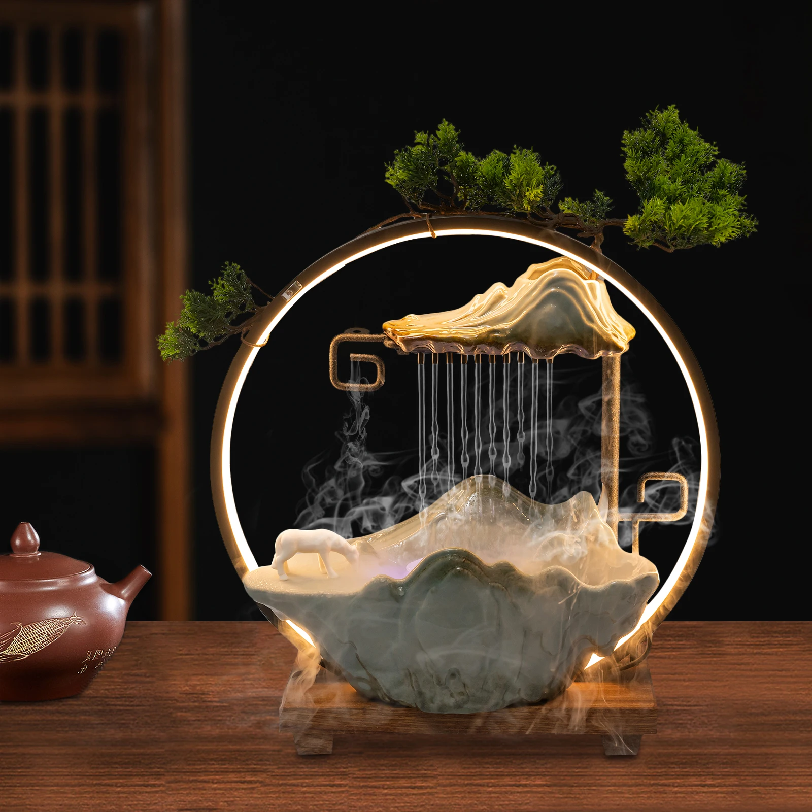 

Tabletop Water Fountains Indoor Waterfall with Mist LED and Fake Plants Feng Shui Decor for Living Room, Bedroom, Entrance