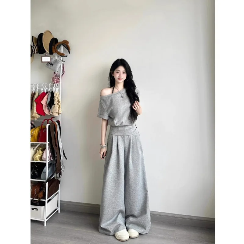 2025 Fashion Salt Style Girl Casual Sports Suit for Women One-Shoulder Waist-Cinching Short Sleeve Wide-Leg Pants Two-Piece Set