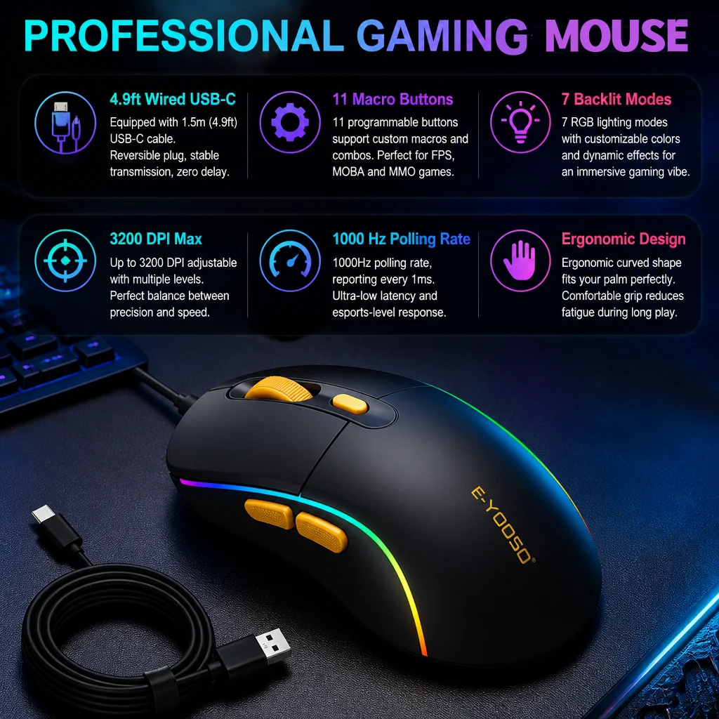 FocusOnPC X-53 Ergonomic Gaming Mouse 3200 DPI 5 Programmable Buttons USB-C Wired RGB Backlit Gaming Mice Compatible with PC Mac