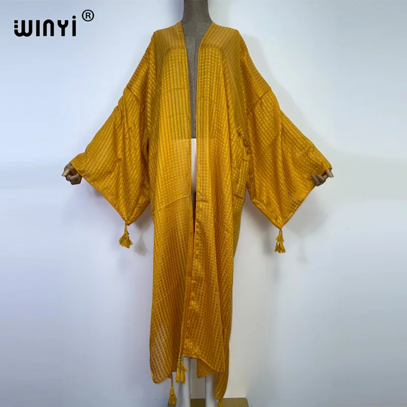 

2022 Africa WINYI Monochrome plaid printing Beach Wear Swim Suit Cover coat Elegant Women Boho Holiday Long Sleeve Kimono dress