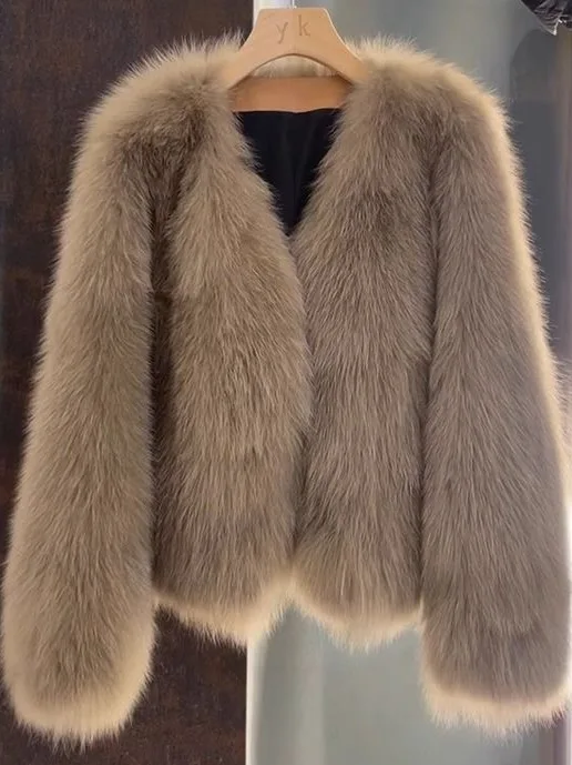 

Экологичная женская утепленная зимняя куртка из искусственного меха, модное универсальное короткое пальто в корейском стиле с V-образным вырезом и длинными рукавами