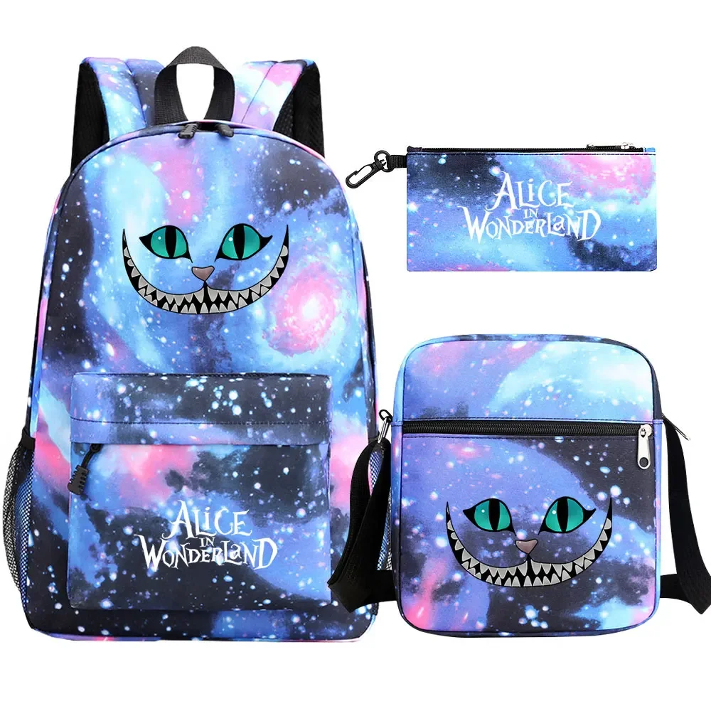 Kawaii Alice in Wonderland 3Pcs Boy Girl Kids School Book Bags Teenager Travel Backpack Shoulder Bag Pen Bag