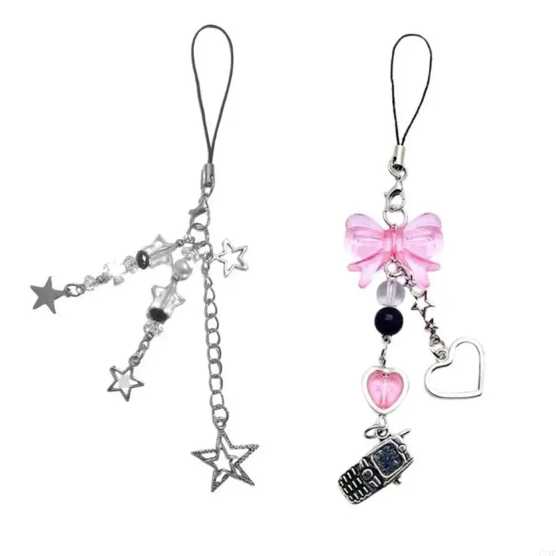 C71C 2pcs Star Phone Bowknot Hanging Pendant Sweet Phone Strap Bag Decoration Portable Hanging Lanyard Gift for Girls Women