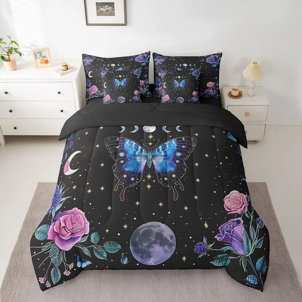 

King Size Blue Moth Boho Star Moon Bedding Set for Kids & Teens with Comforter and Sheets