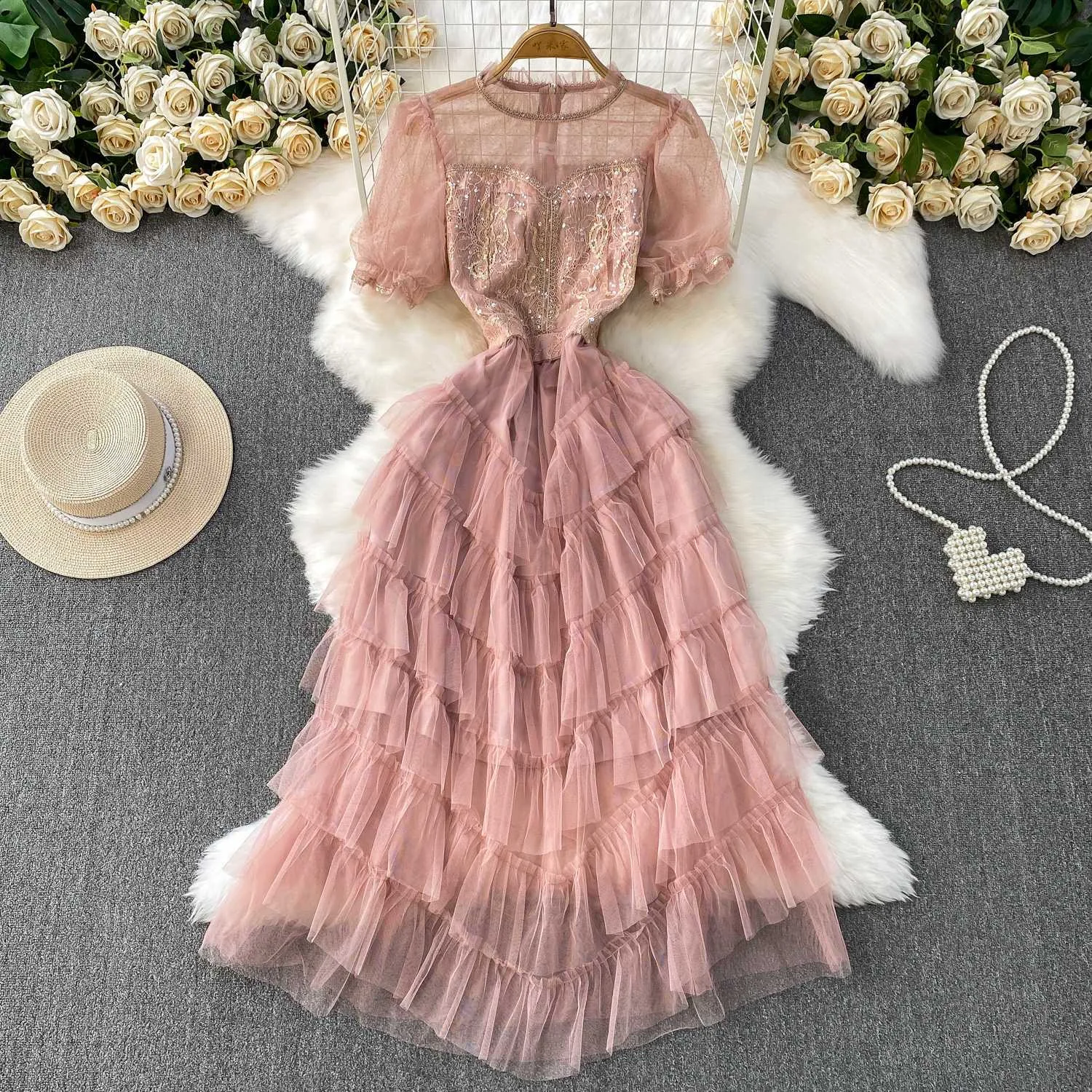 

RAIN YAN LIN Summer New Light Luxury Party Dress Women's Fashion Ruffled Collar Short Sleeve High Waist Slim Mesh Long Dresses