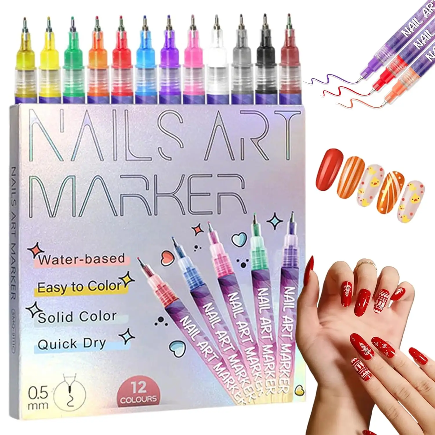 12 Colors Nail Art Pens Set, Fine Tip Nail Polish Pen Markers, Quick Dry Nail Art Kit for DIY Home Salon, Professional Nail Art Tools, Manicure Set Gift for Adults Beginners