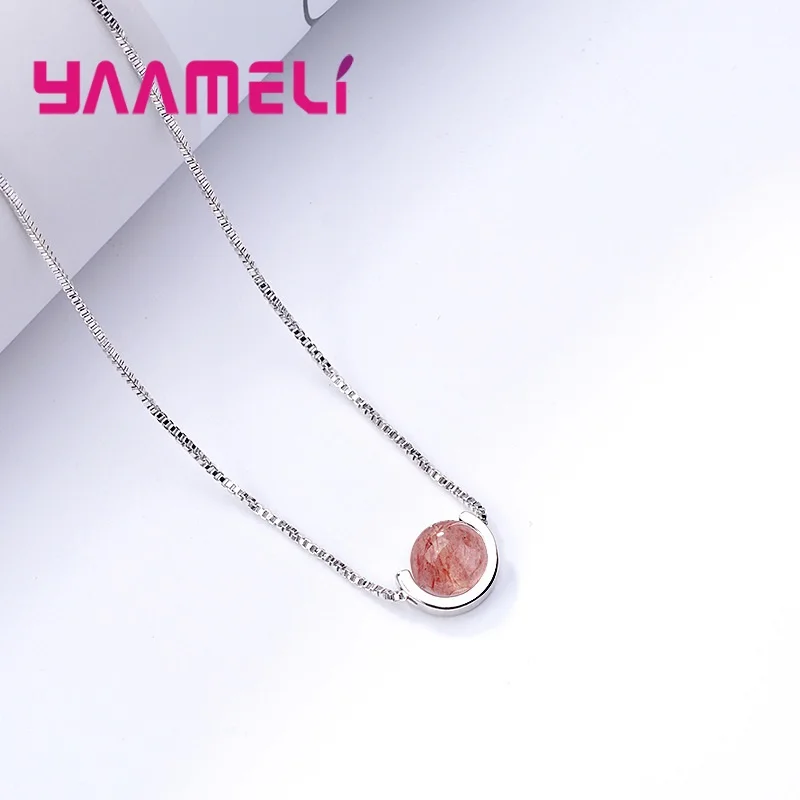 Nice 925 Sterling Silver Chains Natural Strawberry Quartz Pendants Necklace Collar Luxury Gift for Women Girls Christmas Gift
