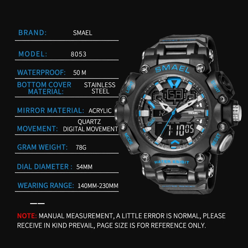 SMAEL Men Watch Sport Waterproof Stopwatch Digital Wristwatches Week Display Alarm Clock Quartz Analog Electronic Watches Male