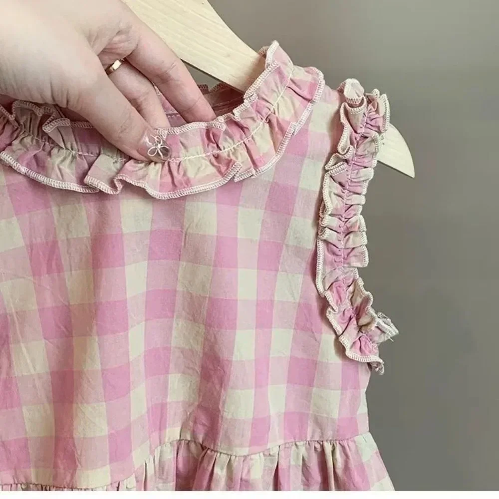 Pakaian Anak Versi Korea 2025 Set Pakaian Anak Perempuan Motif Kotak-kotak Musim Panas Baru Rompi Tanpa Lengan Warna Pink+Celana Lebar Berenda