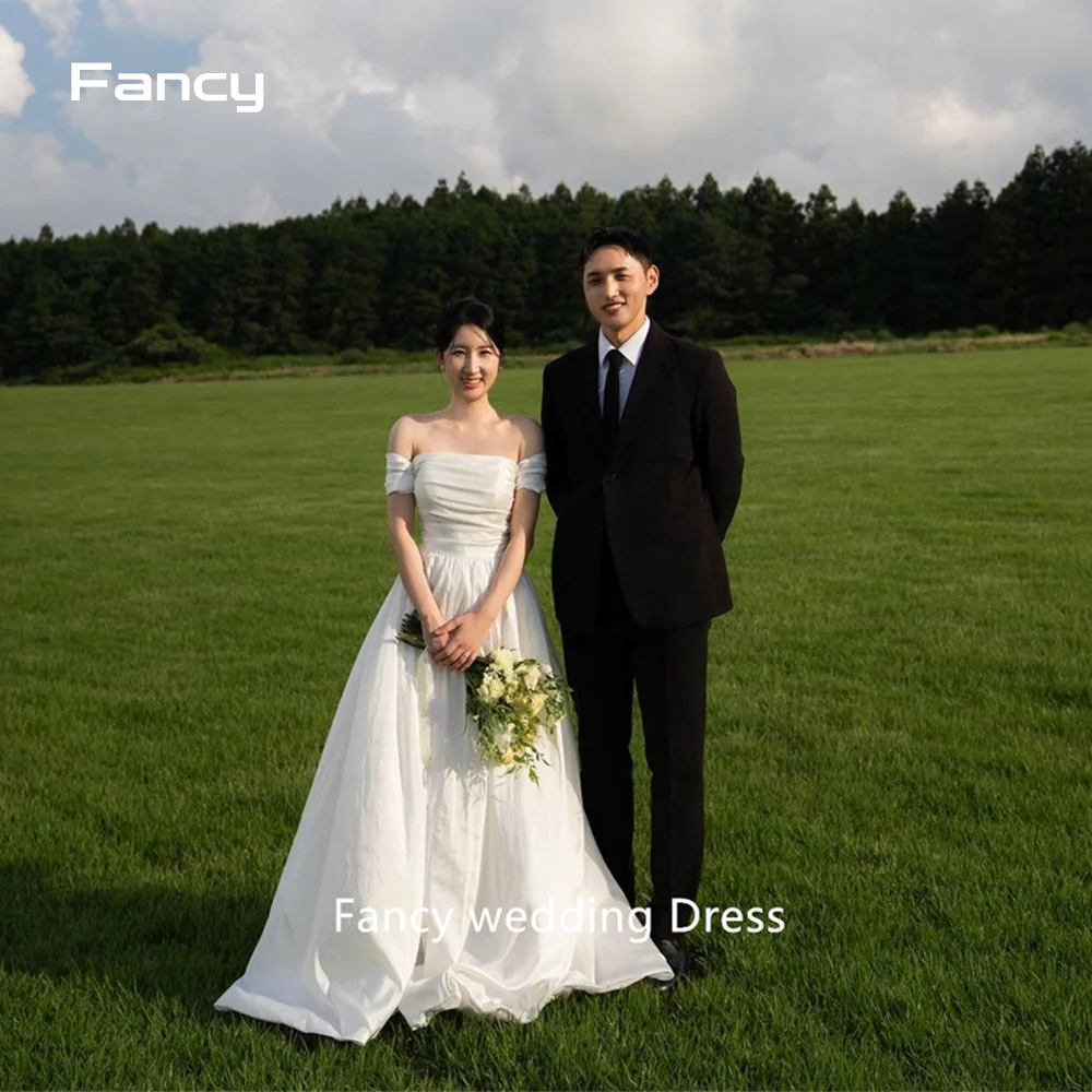 Fancy Off spalla elegante taffetà corea abiti da sposa servizio fotografico maniche lunghezza del pavimento corsetto indietro abiti da sposa su misura