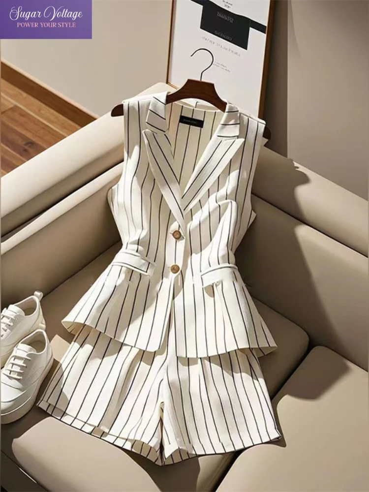 

Elegant Temperament 2 Pieces Suit Women's Summer White Striped Sleeveless lapel Vest Tops + High Waist Straight Design Shorts