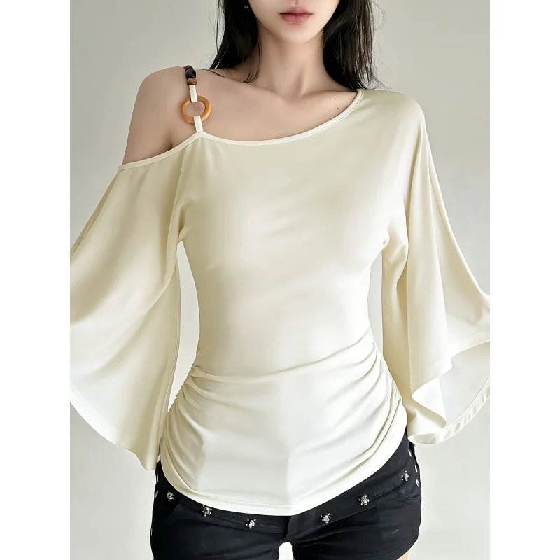 

Asymmetric Off-Shoulder Beaded Batwing Sleeve Waist-Cinching Vintage Top-Shirt with Slanted Shoulders Streetwear