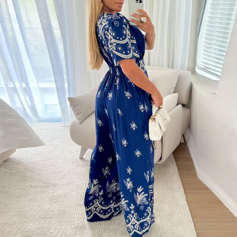 

Women Casual V Neck High Waist Jumpsuit Spring Elegant Floral Print Office Romper Summer Short Sleeve Wide Leg Playsuit Overalls