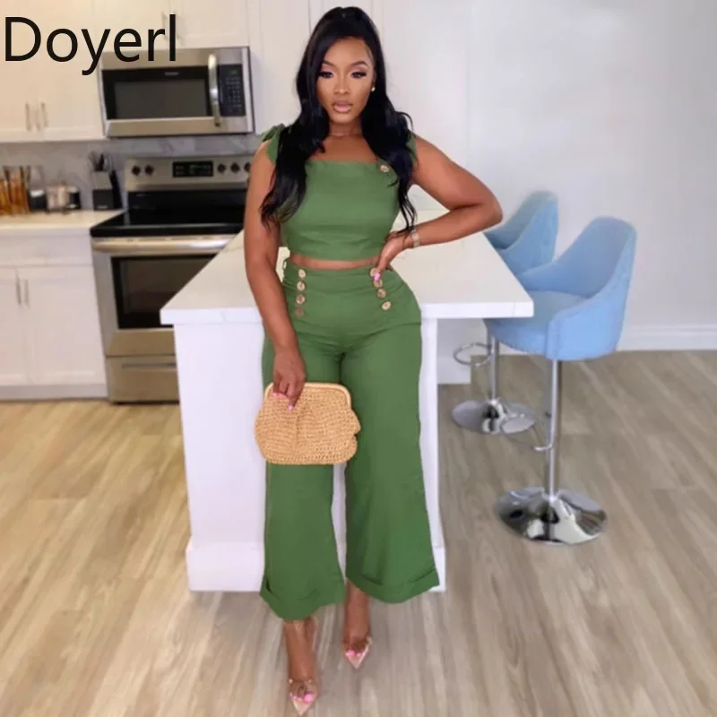 

Doyerl Summer Outfits Women Clothing 2 Pieces Set Holiday Lace-up Bow Crop Top and Buttons Ankle-length Pants Matching Sets