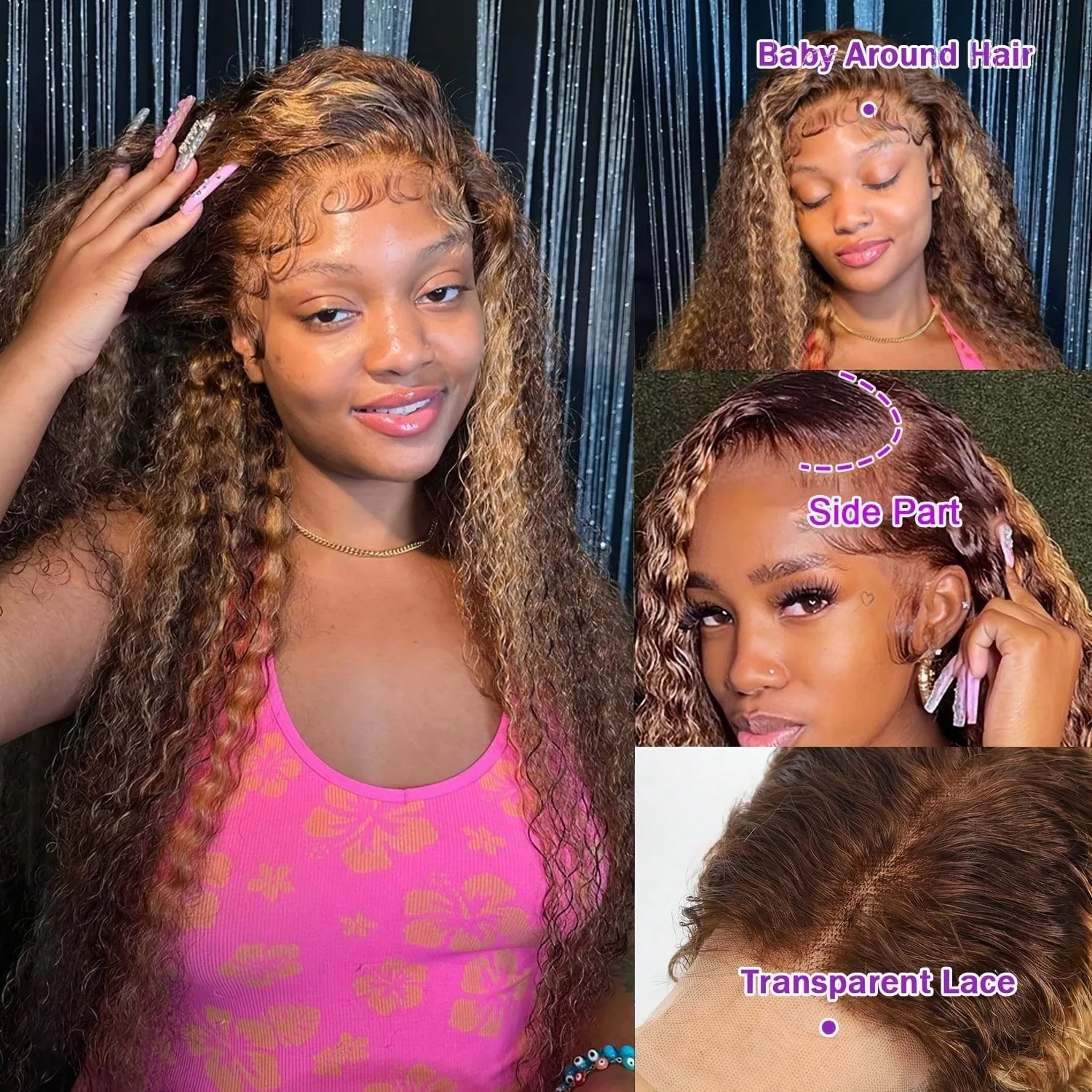 30 Inch Curly Wave Highlight Human Hair Wigs High Density Lace Front Wigs Colored Brazilian 13x6 HD Transparent Lace Frontal Wig image 3