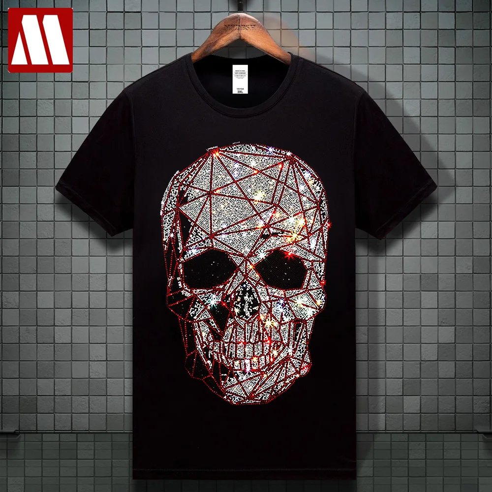 

2025 Summer Plus Size Fashion Skull Rhinestones T Shirt Men Brand Short Sleeve Man Streetwear O Neck T-shirts Calaveras Camiseta