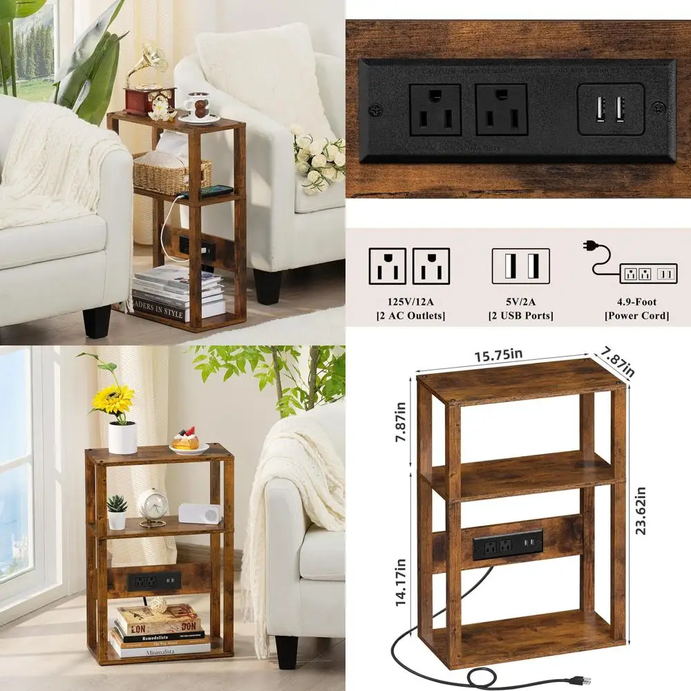 

Compact 2-Piece Wooden Side Table Set with Charging Station for Small Spaces - Slim Nightstand with USB Ports and Outlets, Brown