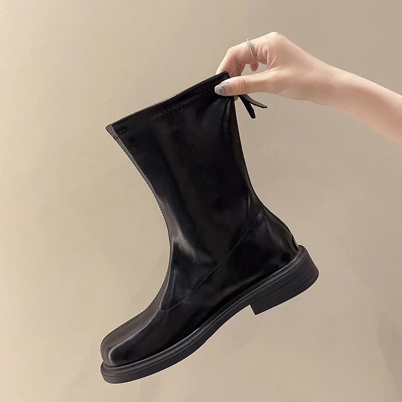 Botas de tornozelo de inverno quadrado para mulheres, salto liso, salto baixo, calor, venda quente, novo, moda, 2024