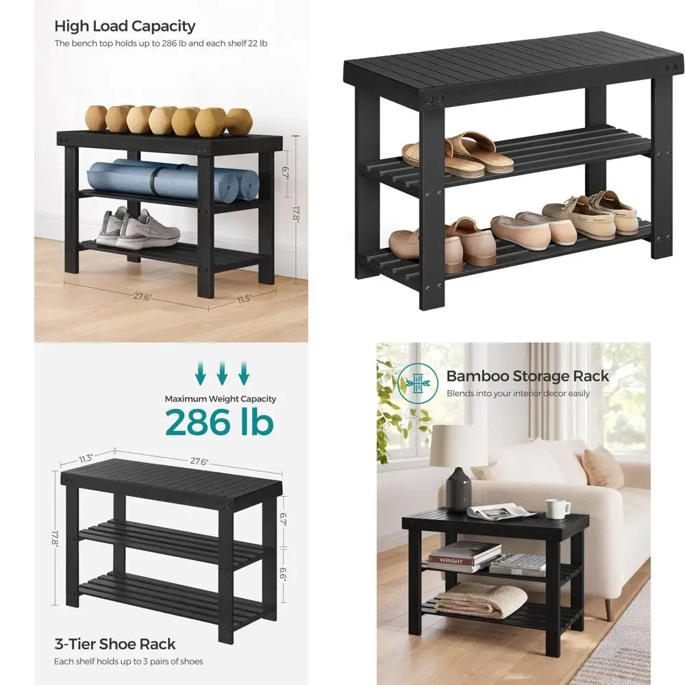 

Трехуровневая бамбуковая подставка для обуви с сиденьем, прочный органайзер для хранения в прихожей, выдерживает до 286 фунтов, 11,3 x 27,6 x 17,8 дюймов, идеально подходит для дома.