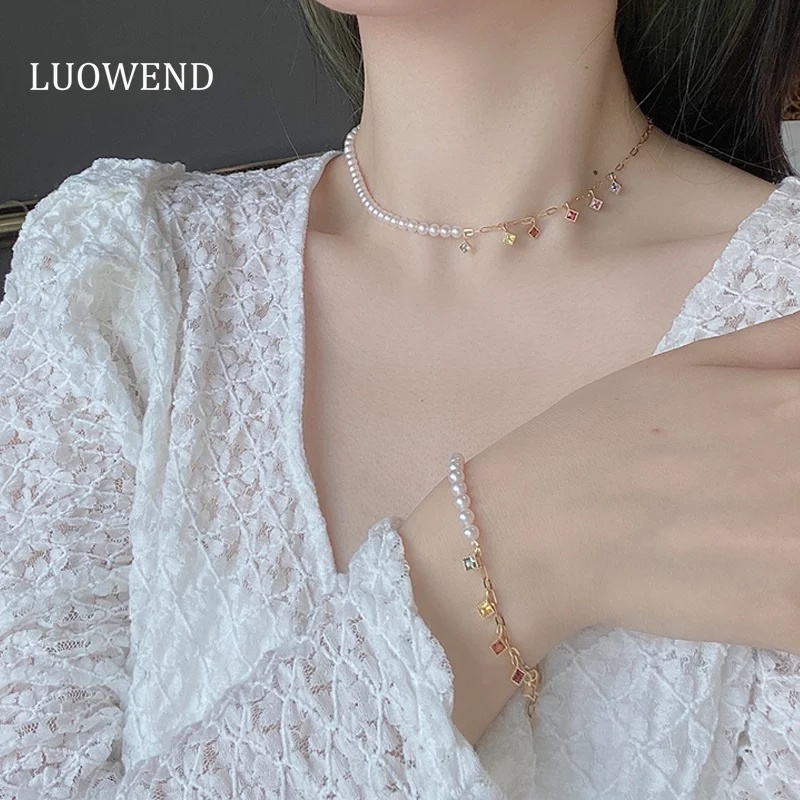 LUOWEND 18K Yellow Gold Necklace Romantic Style Natural Pearl&Sapphire Necklace and Bracelet for Women High Party Jewelry Set