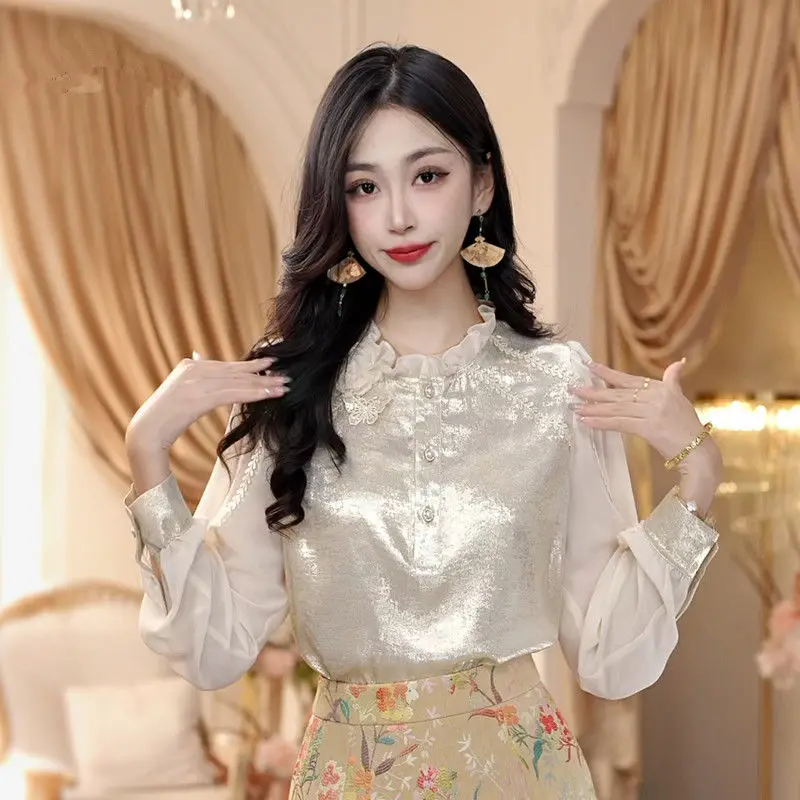 Luxury Streaming Satin French Long-sleeved Shirt for Women Spring Autumn Splicing Design Unique Beautiful Shirt Office Lady Top