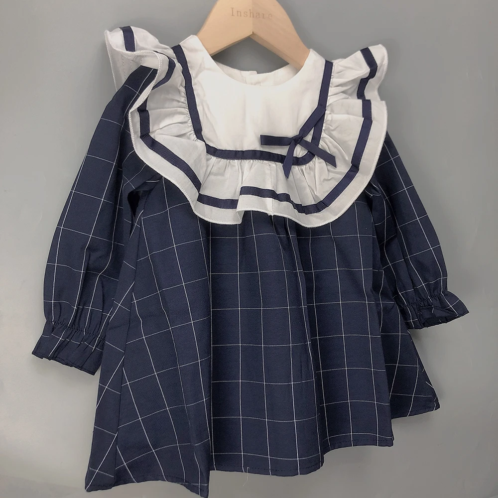 1-5years Children Boutique Clothing Girls British Plaid Navy Blue A-line Dress Long Sleeve Cotton Princess Baptismal Clothes