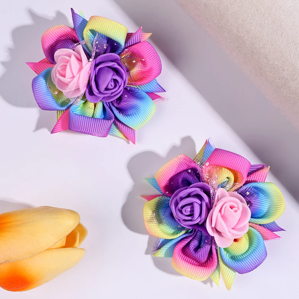 2pcs/Pack Kids\' Rainbow Gradient Woven Ribbon Foam Flower Hair Clips, Children\'s Hair Accessories Hair Clips Hairbows for Girls