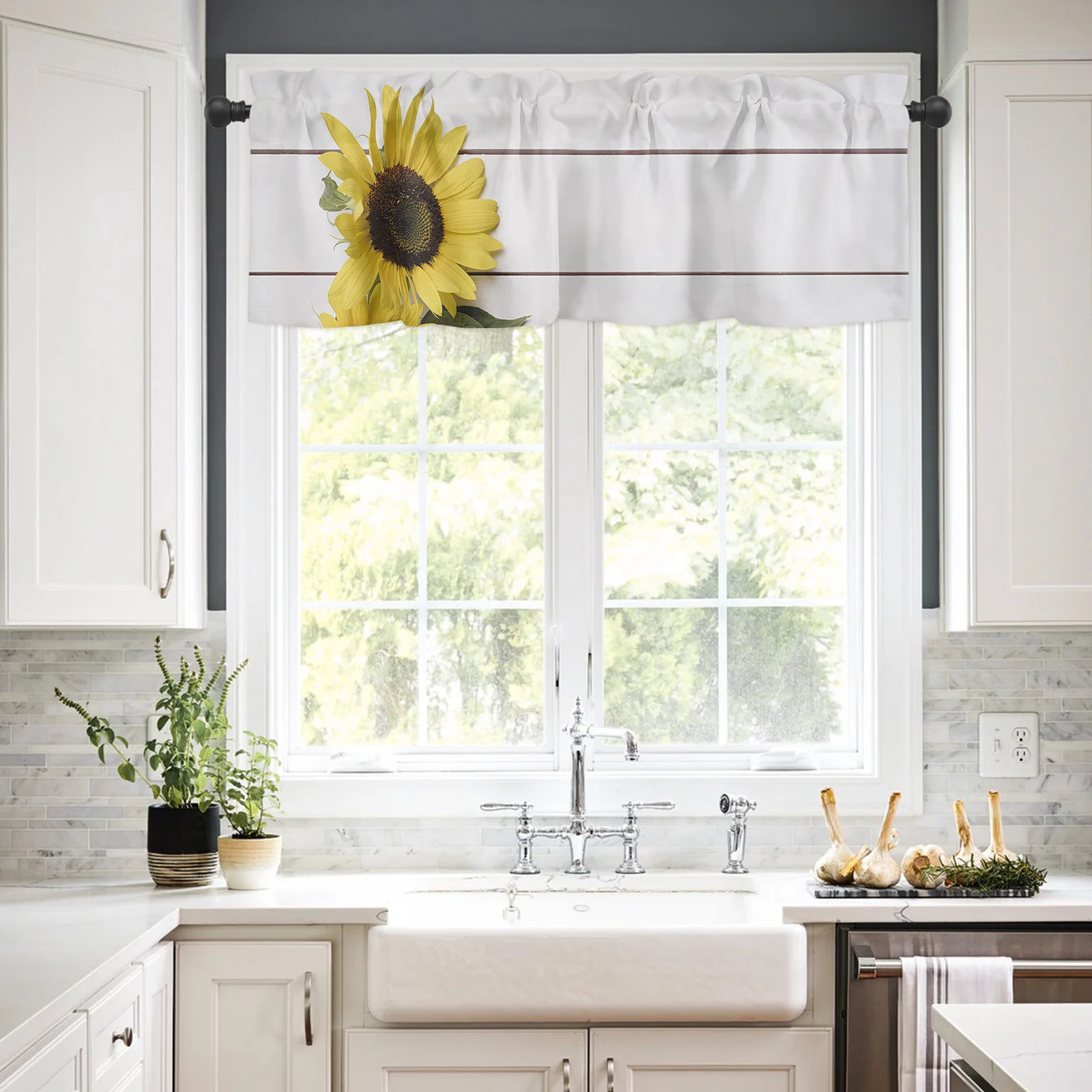 ZEDLIYU Valances for Windows Kitchen Living Room Small Window Valance Sunflower on Grey Wooden Plank 1 Panel, 54 x 18 Inch