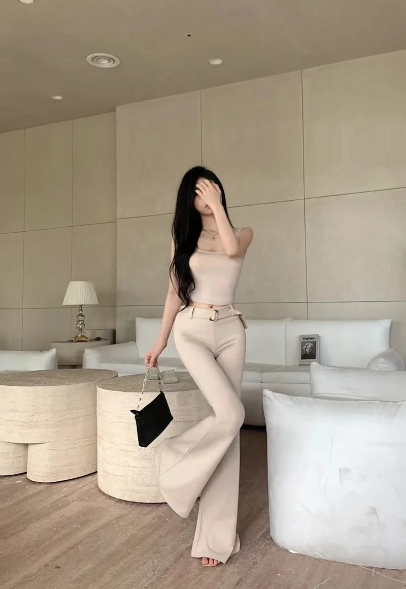 2024 Fashion Temperament Women Solid Color Suits Slim-fit Vest  Sex Appeal Top +Design Chic Belt Flared Pant Prom Party Elegant