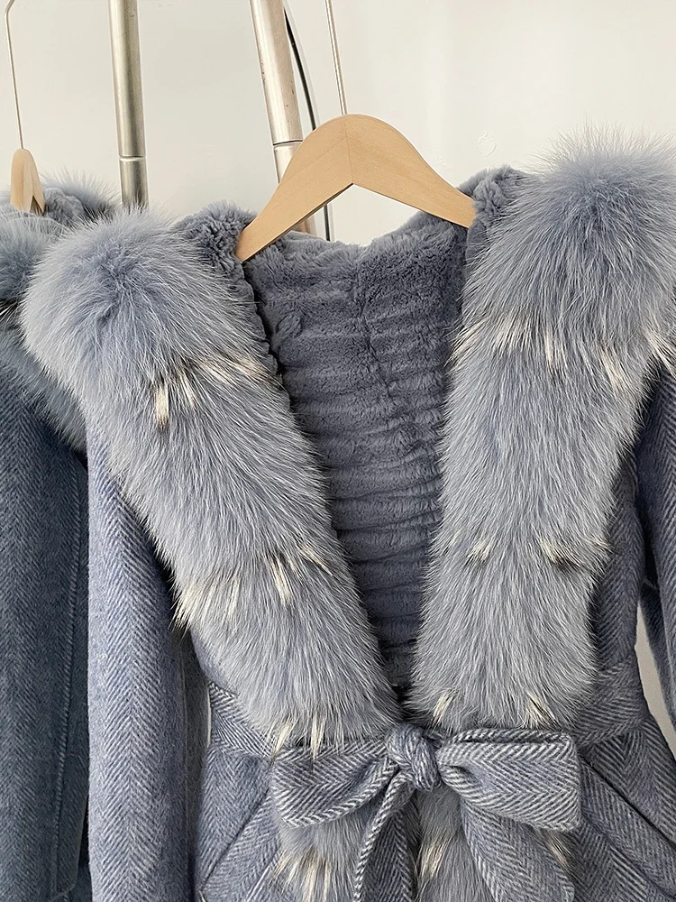 2025.novo outono inverno roupas femininas quente longo com capuz pele de lã jaqueta grossa forro de pele de coelho casaco de lã feminino