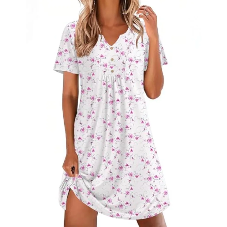 

Ekouaer Nightgowns for Women Cotton Night Gowns Pleated Nightshirts Henley V Neck Sleepshirts Short Sleeve Sleepwear