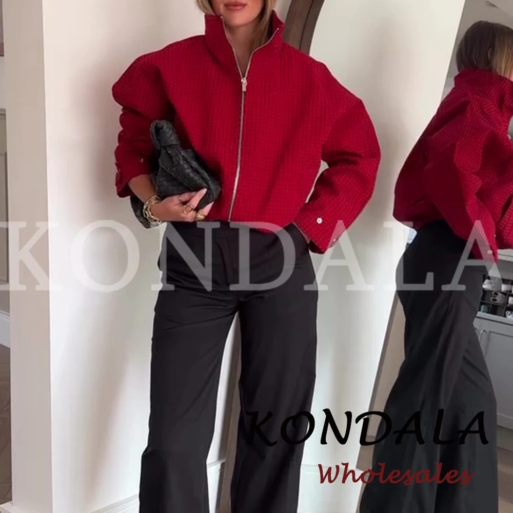 KONDALA Vintage Damen Pilotenjacken Rot Kariert Waffelstrick Stehkragen Lockerer Reißverschluss Langarm Streetwear Herbst Freizeitjacken – Detail 2