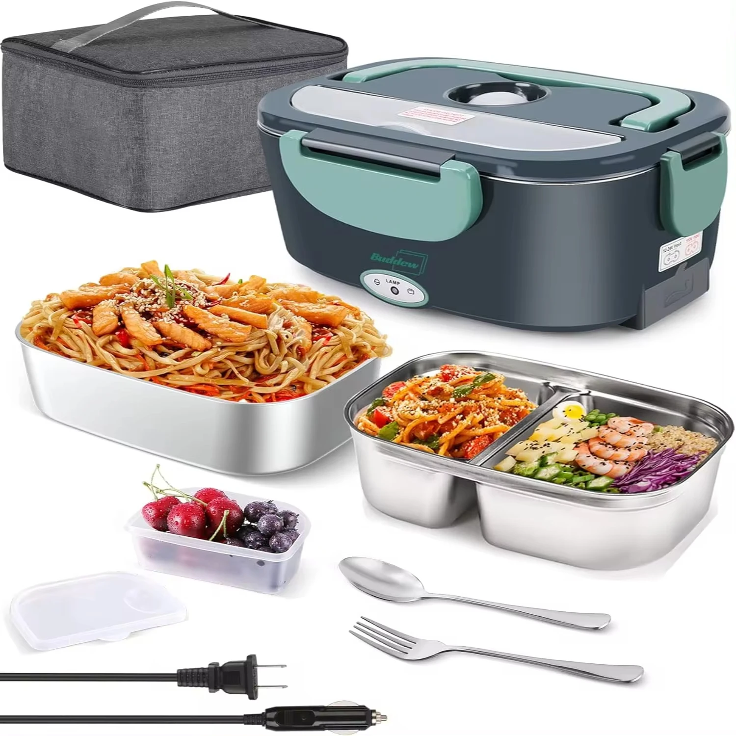 

Buddew Lunch Box 80W Food Heater Adults, 12/24/110V Portable Lunch Warmer Upgraded Heated Lunch Box Car/Truck/O