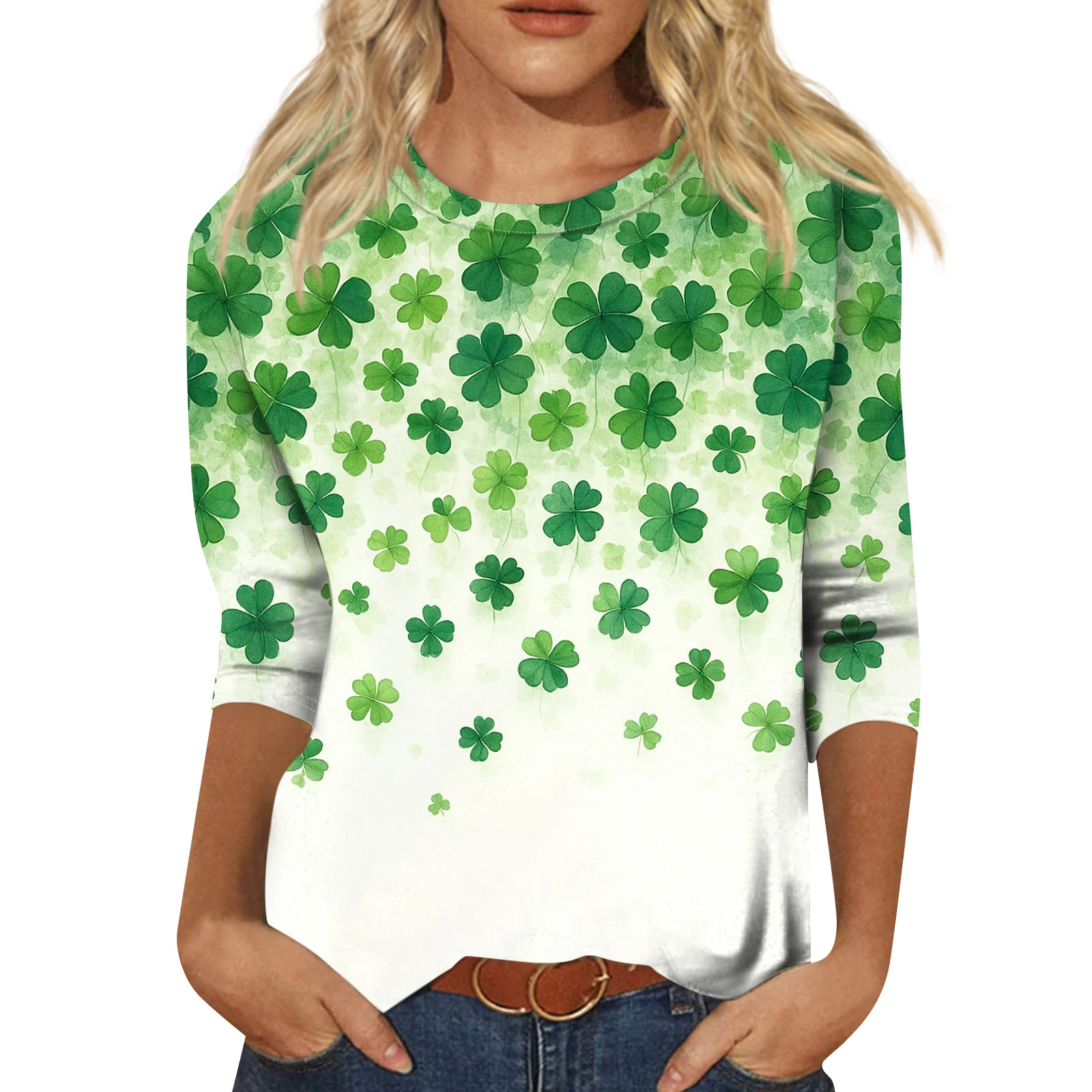 أنثى الصيف رقيقة عصرية عارضة ثلاثة أرباع كم ورقة مطبوعة جولة الرقبة أعلى سانت باتريك موضوع س الرقبة الملابس #1