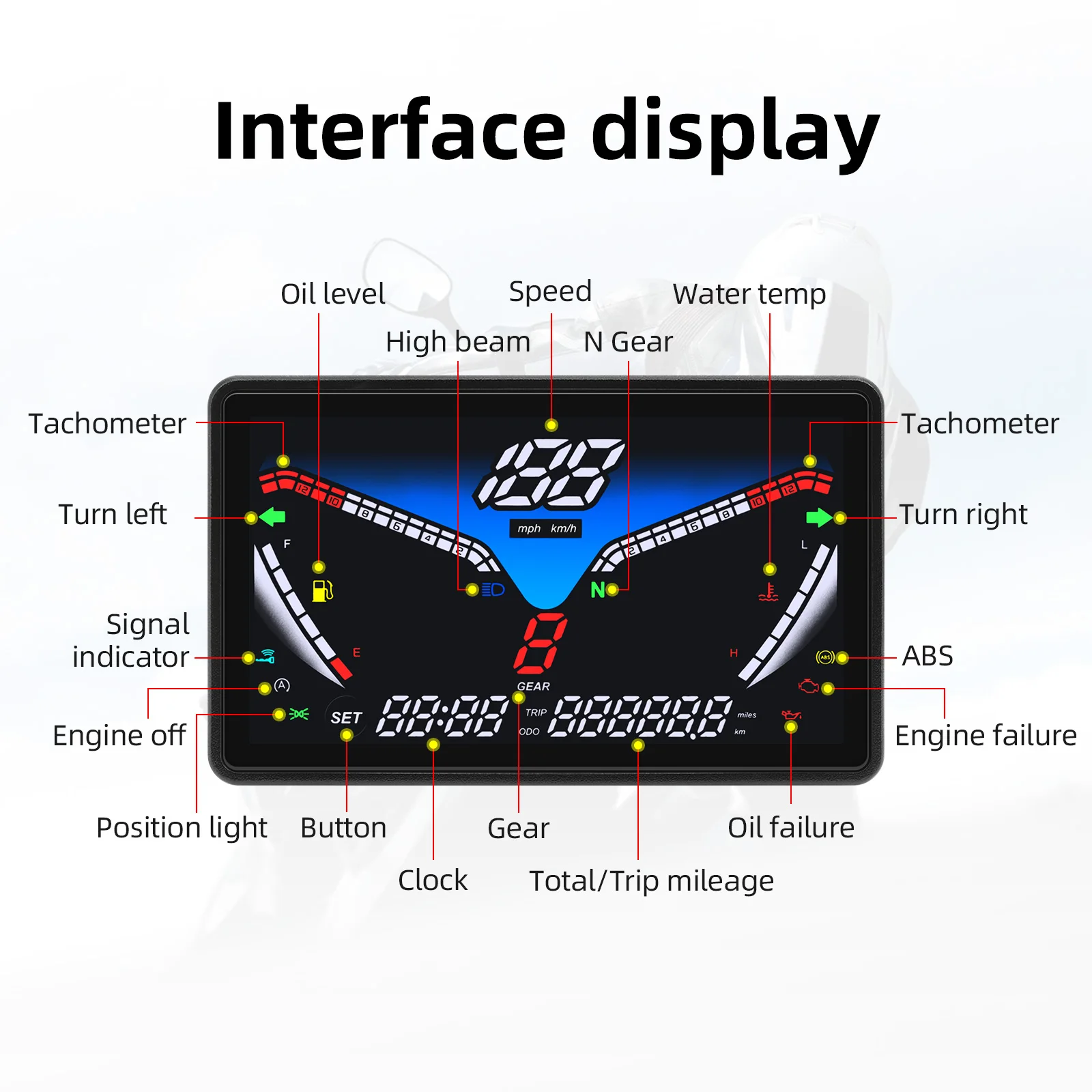 ユニバーサルデジタルモーターサイクルスピードメーター,走行距離計,燃料レベル計,水温,タコメーター,24時間時計,99999.9km