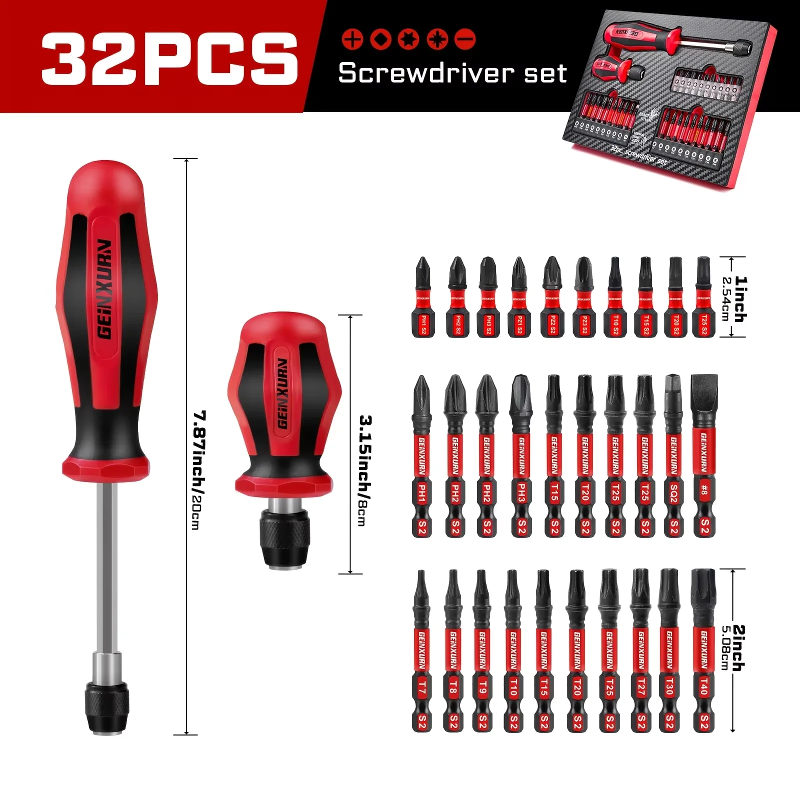 GEINXURN 32pcs Multifunctional Screwdriver Set, Magnetic S2 Steel Bits (PH, PZ, Torx, SQ, SL), Motorcycle Repair Tools