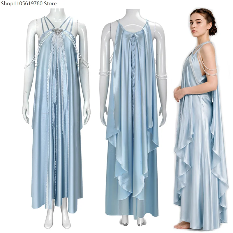 Blue Flowy Satin Maxi Gown With Pearl Shoulder Chain Women Vintage Slip Dress Cosplay Costume For Halloween Masquerade Party